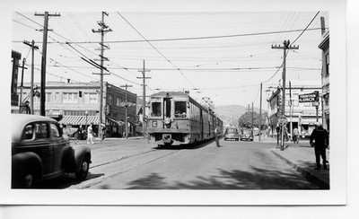 26A786 RP 1940s/50s KEY SYSTEM TRANSIT RAILWAY CAR #129 E LINE DOMINGO AVE SIGN