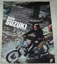 1966 ad page - Solo Suzuki motorcycles - guy & girl -Make a Splash- PRINT ADVERT