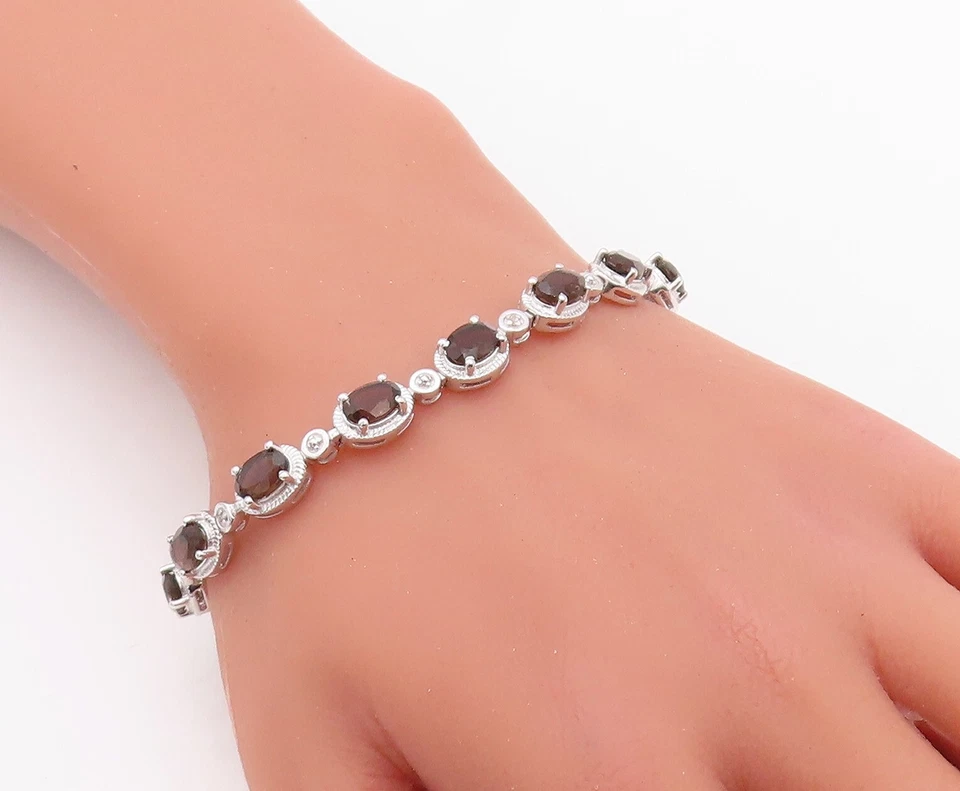 925 Sterling Silver Vintage Bracelet Oval Cut Smoky Quartz Carved Border BT10847 - Image 3 of 4