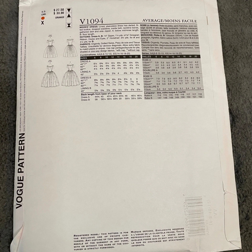 Vogue Patterns V1094 Womens Dress AA 6 8 10 12 VTG 1955 Original Design Uncut - Image 4 of 4