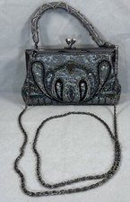 Silver evening bag clutch rhinestones glass peacock,black beads. Pre-Owned 