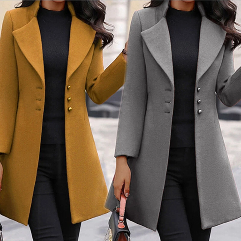 Womens Winter Woolen Trench Coat Lapel Long Jacket Blazer Suit Slim  Overcoat +