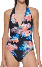 NWT Women's DKNY One Piece Bathing Suit Swimsuit Sz SMALL Black Floral 118 msrp