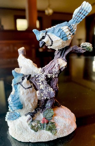 Blue Jay Birds Figurine 4 3/4" Statuette Sweet Winter Scene with Glitter