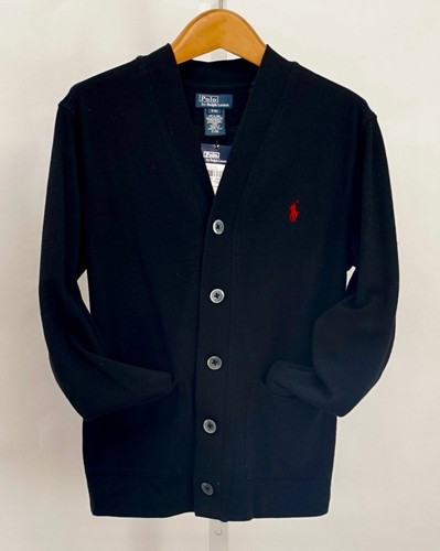 NWT Polo Ralph Lauren Boy's Black Rowing-Patch Cotton Cardigan Size S/8 $79.00