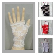 Short White / Black / Red Fingerless Floral Lace Gloves