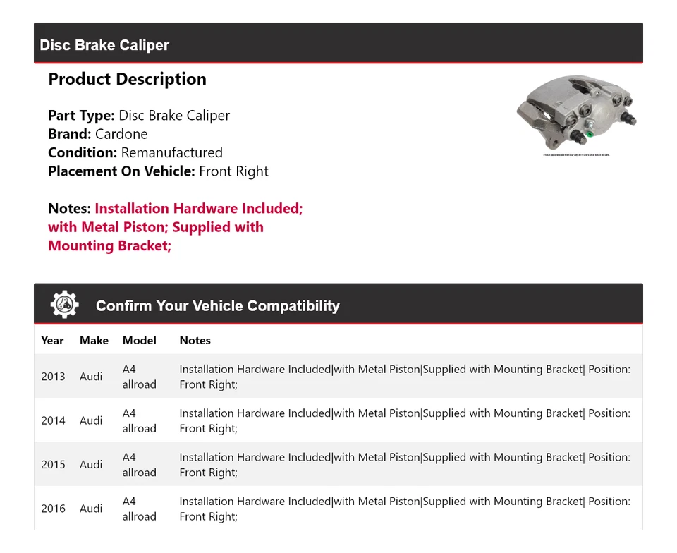 For 2013-2016 Audi A4 allroad Disc Brake Caliper Front Right Cardone 2014 2015 - Image 2 of 4