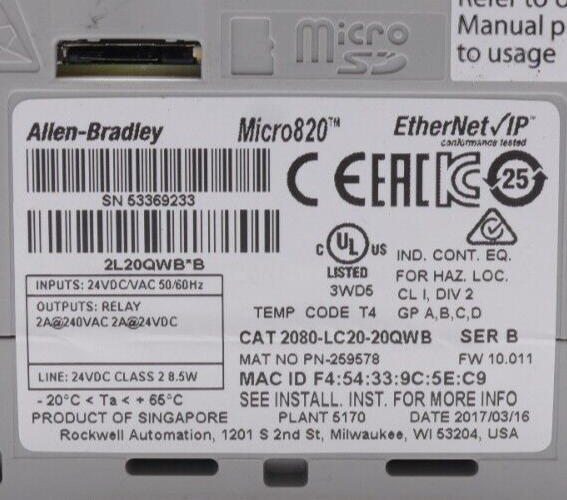 Allen-Bradley Micro820 Controller | Ser. B FW: 10.011 | 2080-LC20