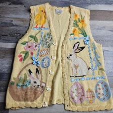 Susan Bristol Vintage Sweater Vest Medium Yellow Spring Bunny Chick Easter Egg