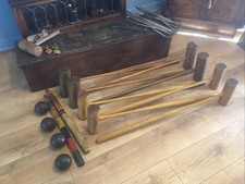 A WONDERFUL RARE ANTIQUE JAQUES CROQUET SET ,BOXED WITH EIGHT MALLETS .