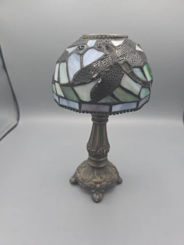 Vintage Stained Glass Tea Light Candle Holder Lamp Dragonfly Tiffany Style
