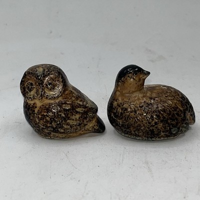 2 Otagiri Pottery Stoneware Birds Mini Figurines Owl Quail Japan Brown Speckled
