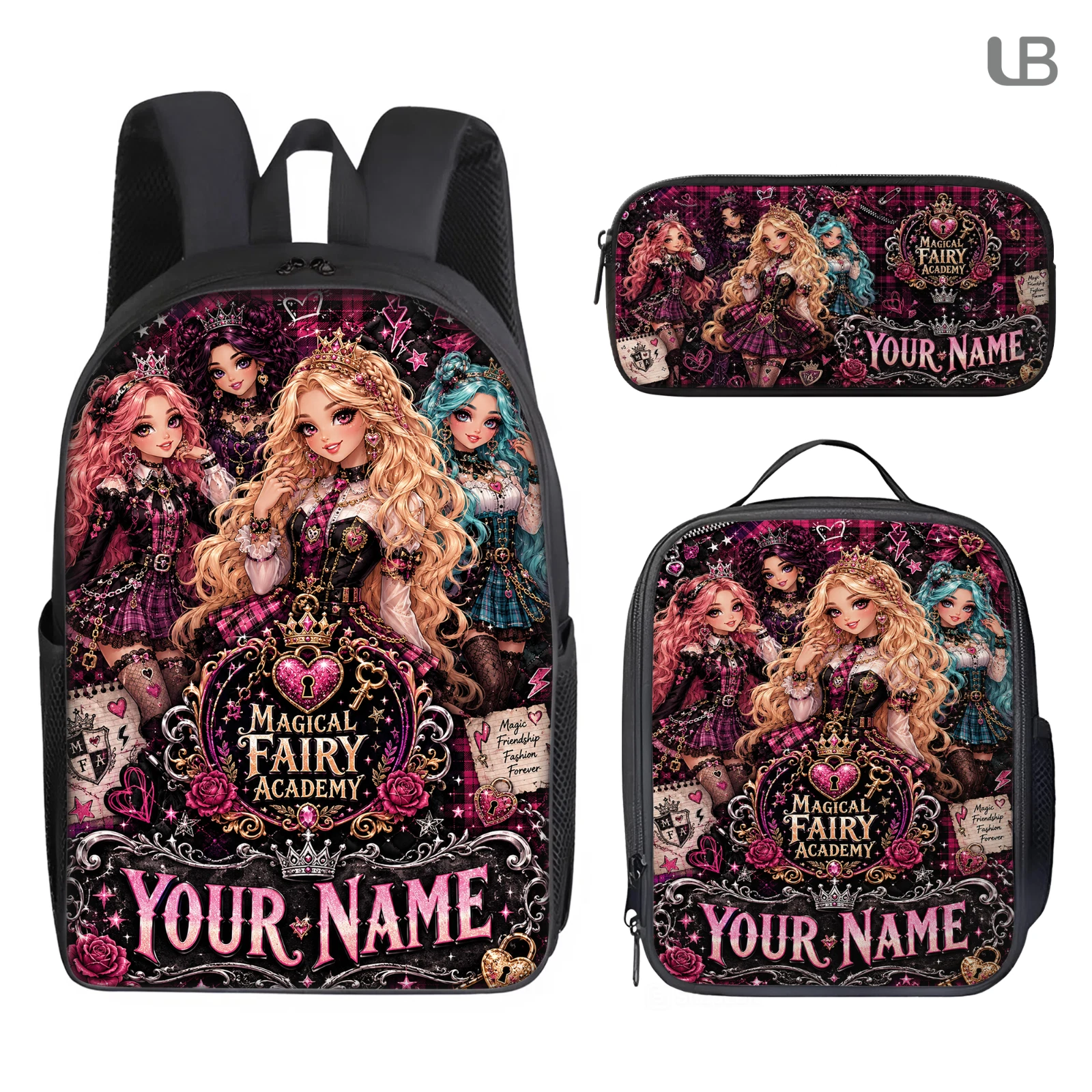 Personalized Fantasy Castle Princess School Backpack Lunch Box Pencil Case Set