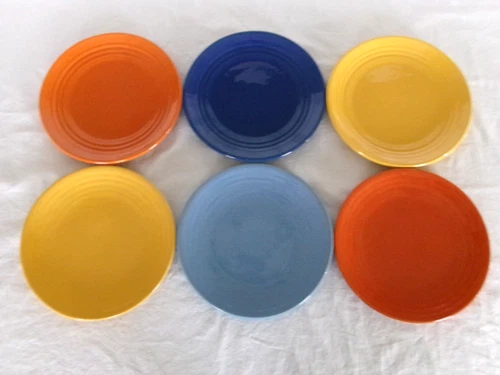 6 BAUER RING WARE 9 1/2" DINNER PLATES - 2 Orange, 2 Yellow, Blue & Cobalt