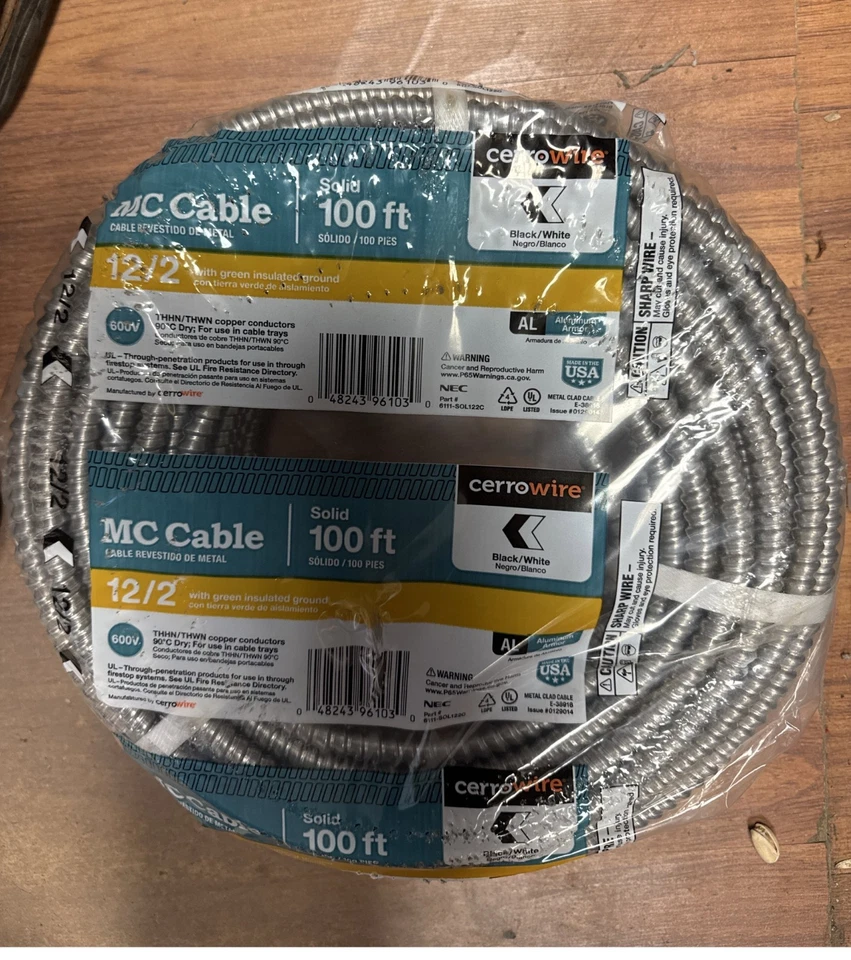 CerroWire 12/2 Solid MC Cable 100 ft Aluminum Armor – Black/White with Green Gnd