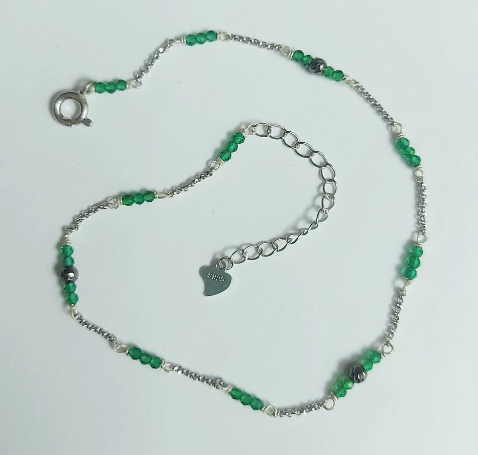 cavigliera argento 925 con cubic zirconia verdi e sfere di argento brunito - Immagine 2 di 4