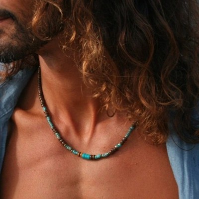 Mens Boho Necklace Natural Wood Turquoise Beads Surfer Choker Handmade Jewelry
