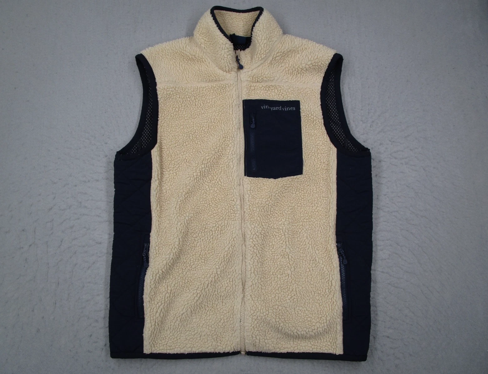 Vineyard Vines Vest Mens Large Off White Sherpa Full Zip Hike Travel Golf Work