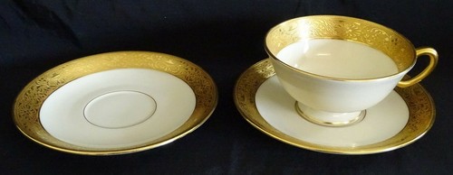 Lenox USA P22 1 Cup 2 Saucers Heavy Embossed Gold Trim