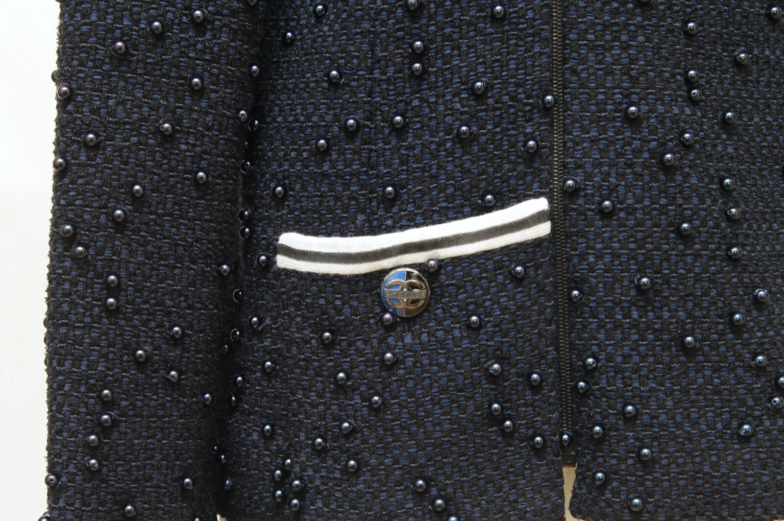 CHANEL Blazer Giacca Cappotto Tweed Blu Navy Perline Bottoni Cerniera 2017 Tg 40