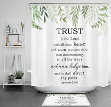 Plant Green Leaf Christian Bible Verse Shower Curtain Set for Bathroom Decor