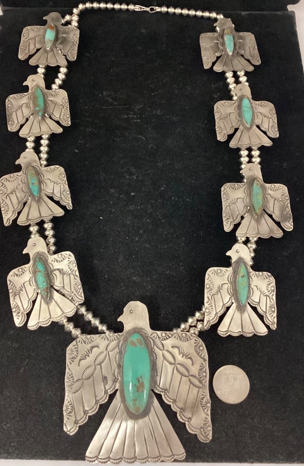 Large Navajo Sterling Silver Turquoise ThunderBird Squash Blossom 313g