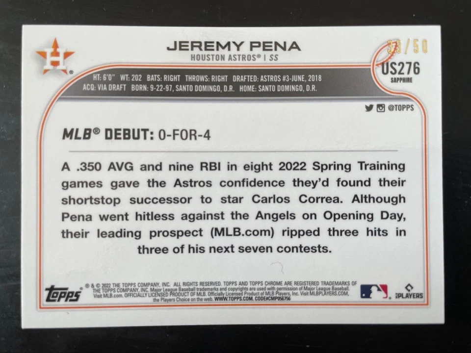 2022 TOPPS CHROME UPDATE SAPPHIRE JEREMY PENA DEBUT GOLD REFRACTOR #d/50 US276 - Image 2 of 2