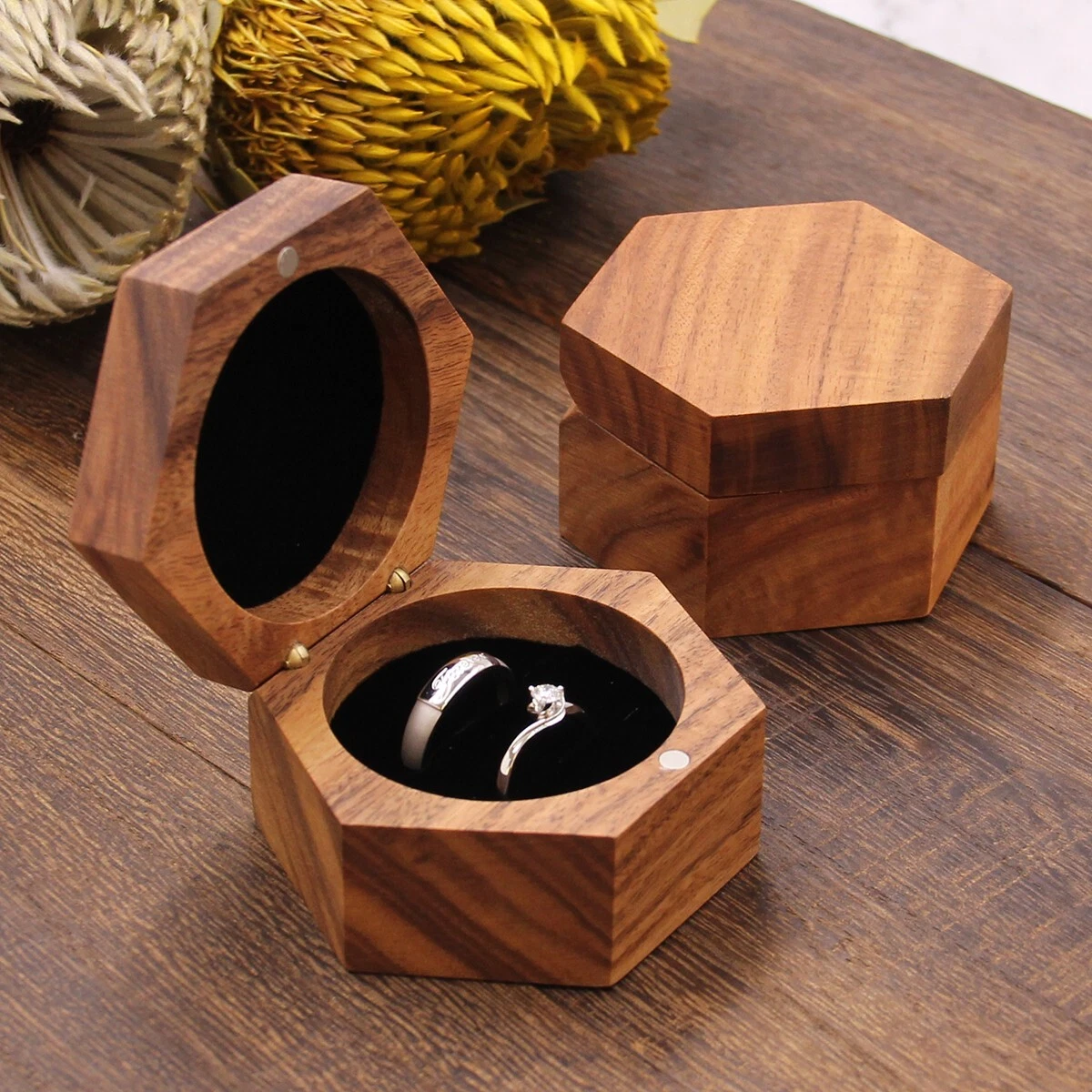 Koa Wood Hexagon 2 Ring Box Flat Ring Holder for Proposal Wedding