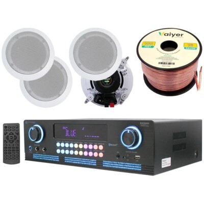 2000W Home Theater System Bluetooth Amp 4 x 5.25 In-Ceiling Speakers Wire T-Pro