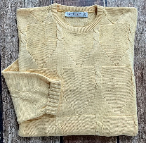 VINTAGE JANTZEN CHUNKY CABLE KNIT CREWNECK SWEATER YELLOW MADE IN USA MENS XLT