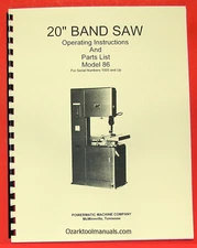POWERMATIC Model 86 20" Band Saw Owners Operators Service Parts Manual 0523