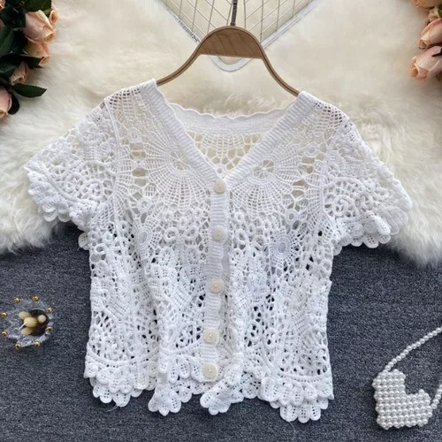 Cardigan bolero donna uncinetto spalle scoperte maglia pizzo crop top copricostume - Foto 10 di 15
