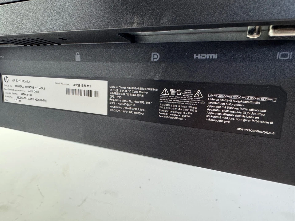 HP EliteDisplay E223 21.5" FHD 1080p IPS Computer Monitor w/ Stand *No Cords* - Image 3 of 4