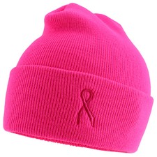 Made in USA Breast Cancer Pink Ribbon Embroidered Cuff Long Beanie - FREE SHIP