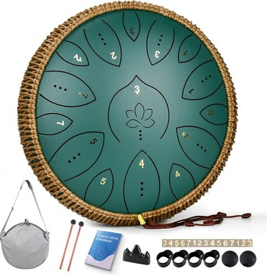 13-inch, 15-note steel tongue drum, 440Hz C major handpan instrument, green.