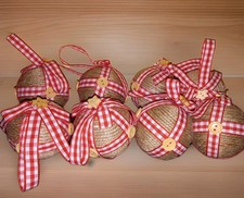 8 Winter Wonder Lane Twine Ribbon Ball Ornaments Gingham Primitive Farmhouse