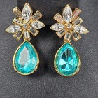 Gold Tone Faux Blue Turquoise Crystal Drop Earrings Costume Jewelry