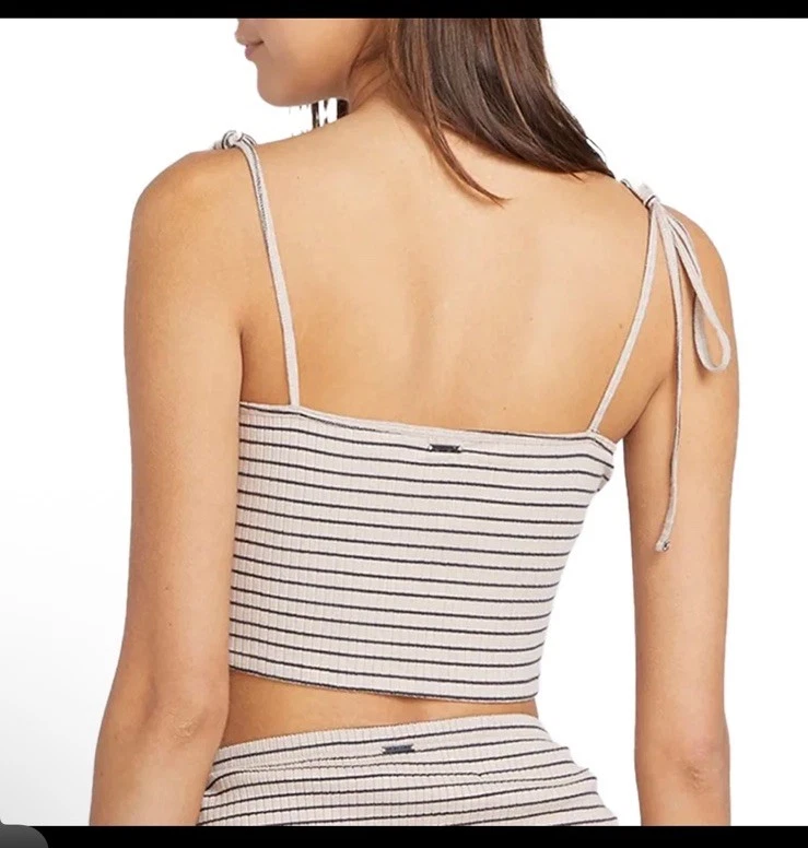 Volcom Tank Top Womens Large Big Island Energy Crop Top Striped Beige Black The - Image 3 of 4