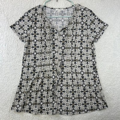 Ava James Women's Geometric Print V-Neck Blouse Gray Black Short Sleeve Size M
