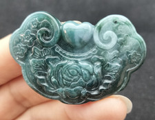 Certified Blue Green Natural Type A Jade Jadeite Carved Flower 花开富贵 Pendant