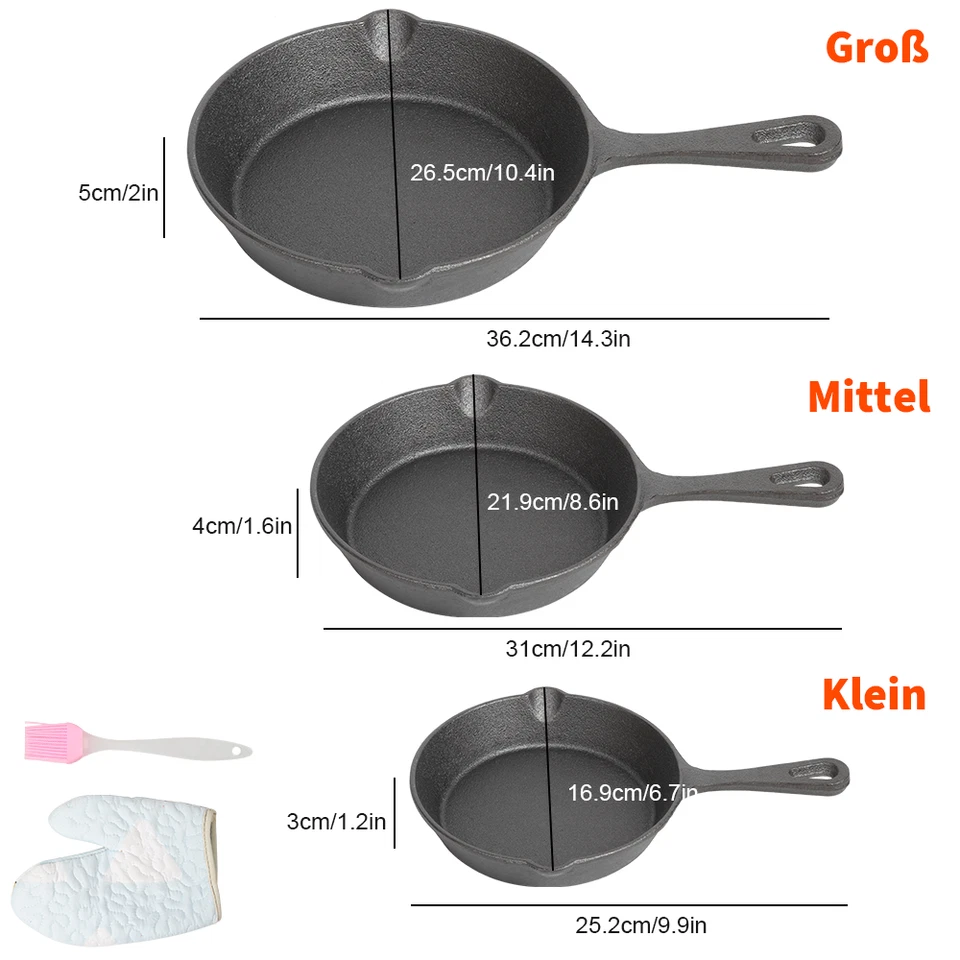 3er Set Gusseisen-Pfanne Pfannenset Bratpfanne Ausguss Grill Griff Feuerpfanne - Bild 2 von 4