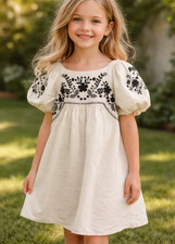 Mango Embroidered Floral Pattern Puff Sleeves Dress Girls Size 13-14 Cream/Black