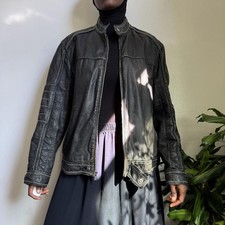 Vintage unisex black distressed genuine leather biker jacket size L