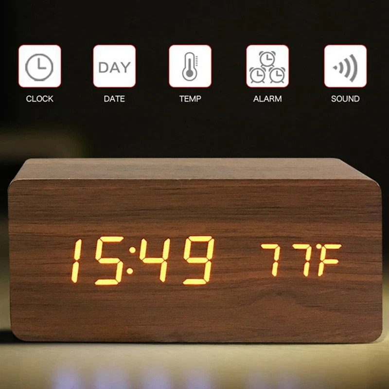 Wood Cube Clock LED Alarm Voice Control Digital Voice Control Digital Wood Despe photo