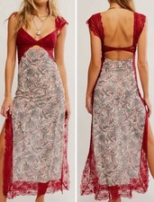 FREE PEOPLE Suddenly Fine Maxi Slip Dress Burgundy/Red Lace Trim Tan Floral XS