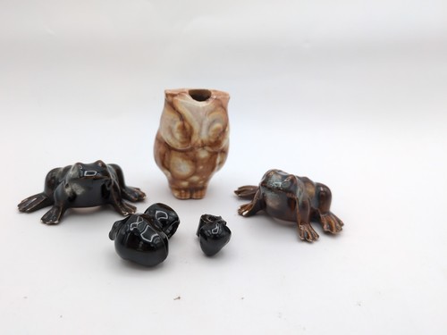 5 Vintage Ceramic Macrame Beads, Owls, Frogs, Acorns Brown Black