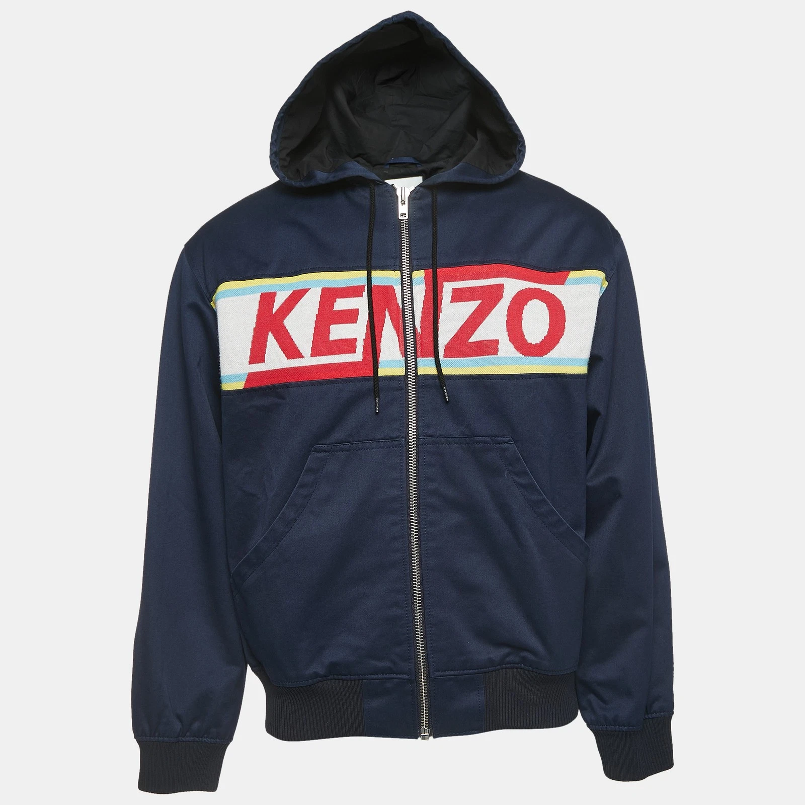 Giacca con cappuccio Kenzo blu navy gabardine dettaglio cerniera anteriore S