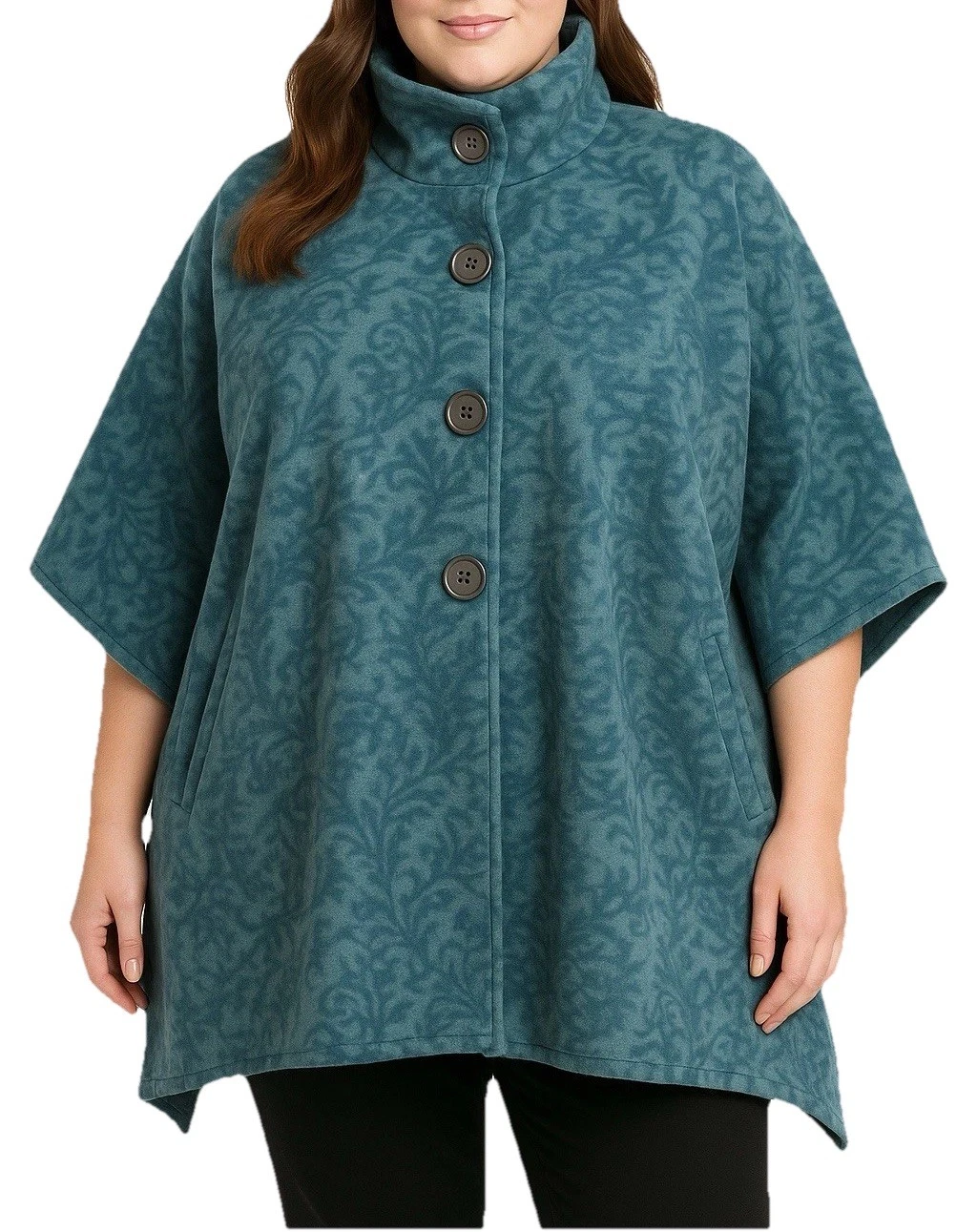 Women's Le Moda Blue Teal Floral Damask Poncho Cape One Size Button Pockets