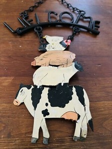 Rustic Metal Welcome Sign Farm House Decor Cottage Chic Pig Cow Chicken Sheep