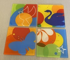 rare vintage World of Coca Cola Glass Coaster Set 4 Square Mod Swan Butterfly